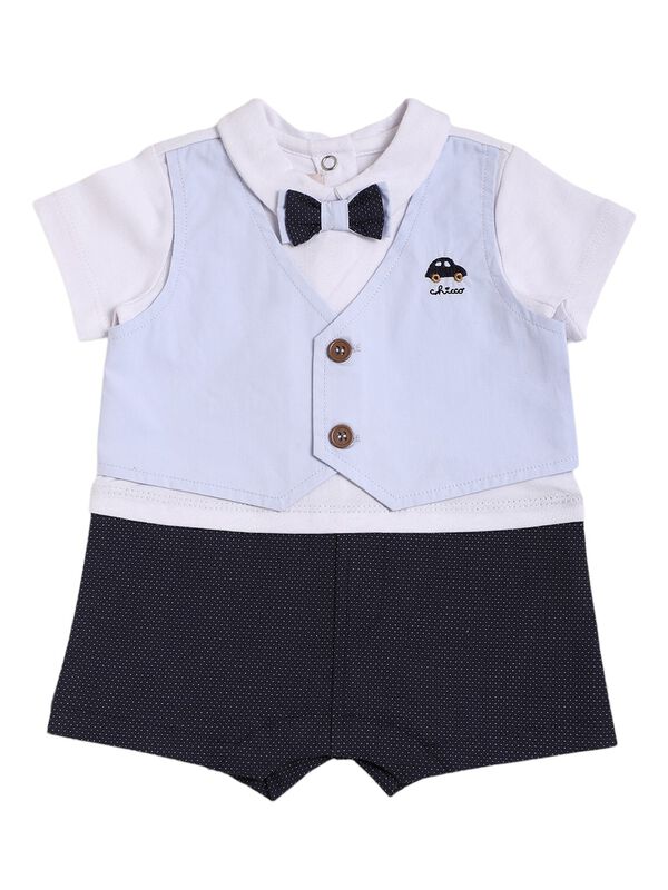 Boys Solid Blue Short Sleeve Knitted Romper image number 0